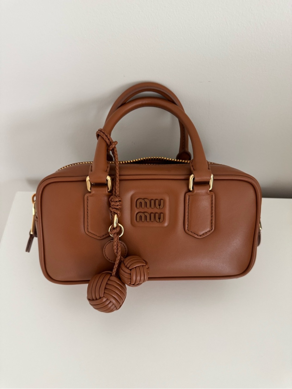 Miu Miu Cognac Arcadie Leather bag with Miu miu  leather bag charm